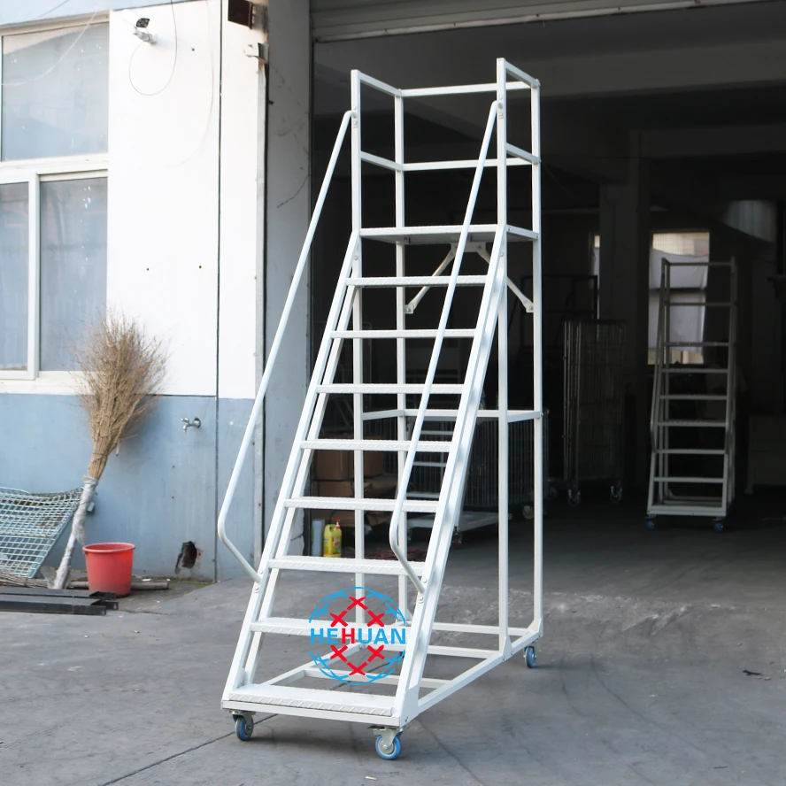 Variety Of Purposes Bookstore Mobile Cart 2m Platform Warehouse Climbing Ladder With Armrests