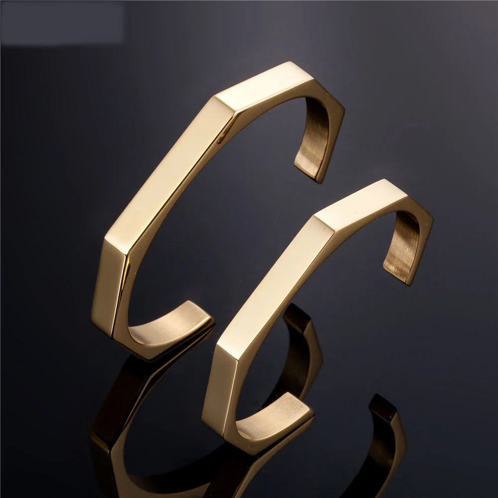 6MM Customized Hexagon Bracelet 18K Gold Plated Jewelry Stainless Steel Engraved Metal Bangle Men Cuff Bracelet