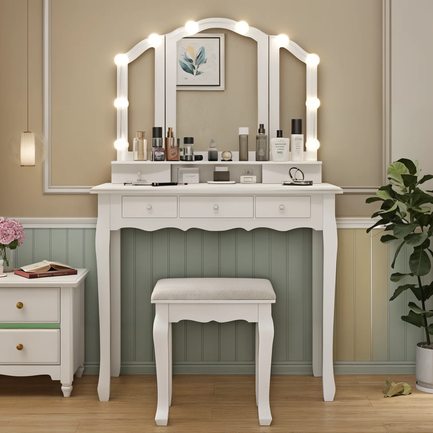 Makeup Vanity with Lighted Mirror & Stool, White Vanity Desk Set with 5 Drawers, 3 Light Settings, Adjustable Brightness