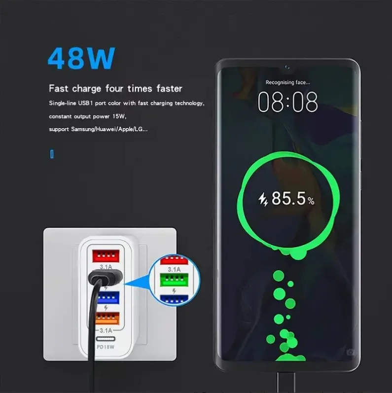 PD 48W Fast Charging For All Phone Quick Charging Multi-Ports Charging Head PD+4USB Ports Adapter