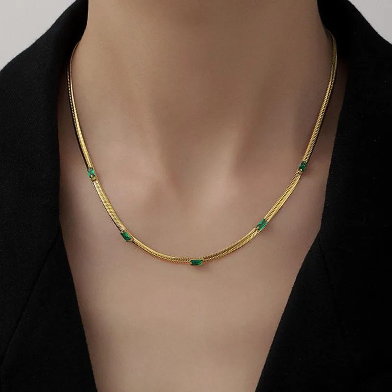 DAICY unique design non tarnish 18k gold stainless steel Emerald zircon herringbone chain fashion jewelry jewelry sets