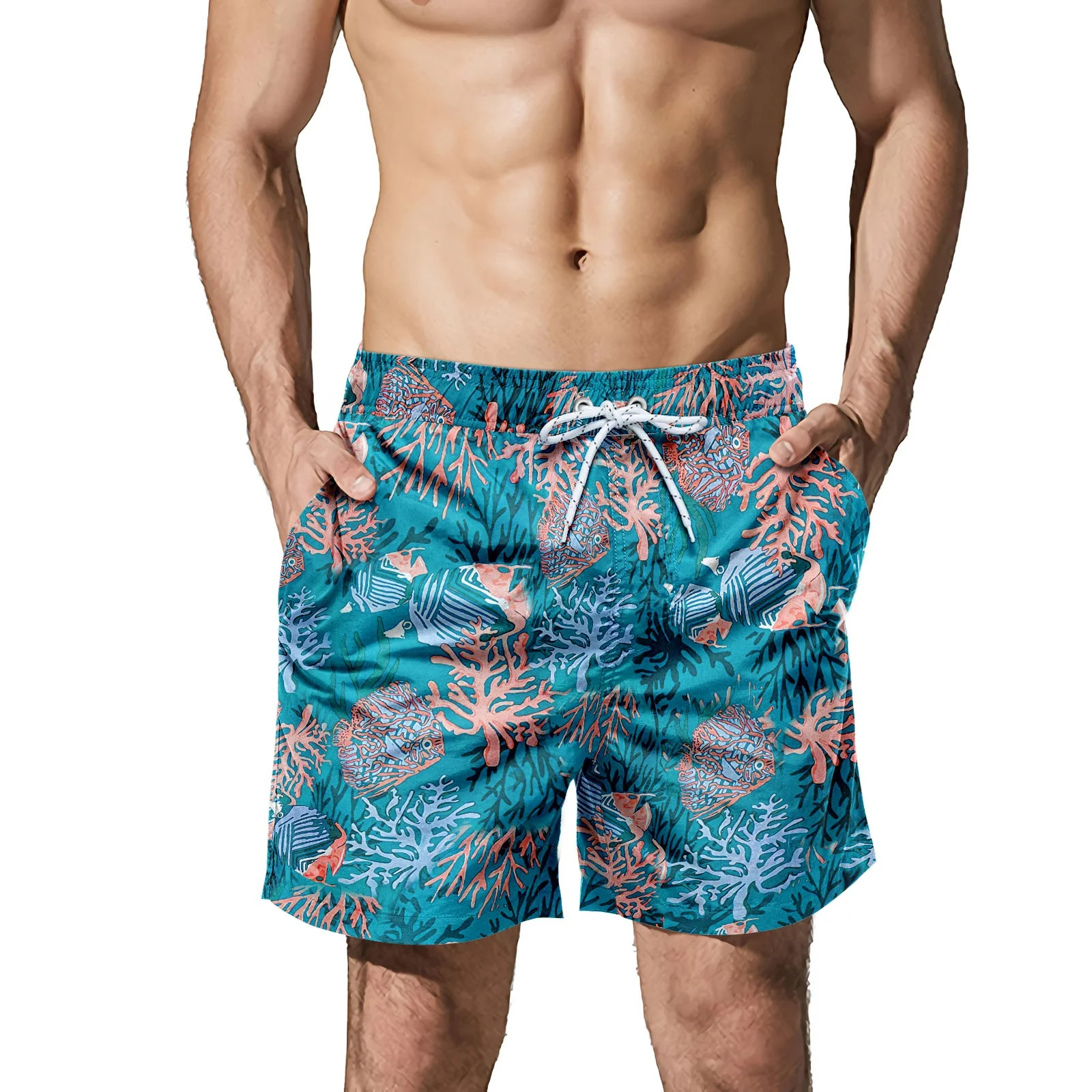 Men Swimwear Polyester Short Pants Regular Beachwear Fashionable The Undersea World Style Summer Holiday Swim Trunk ST-FLD02