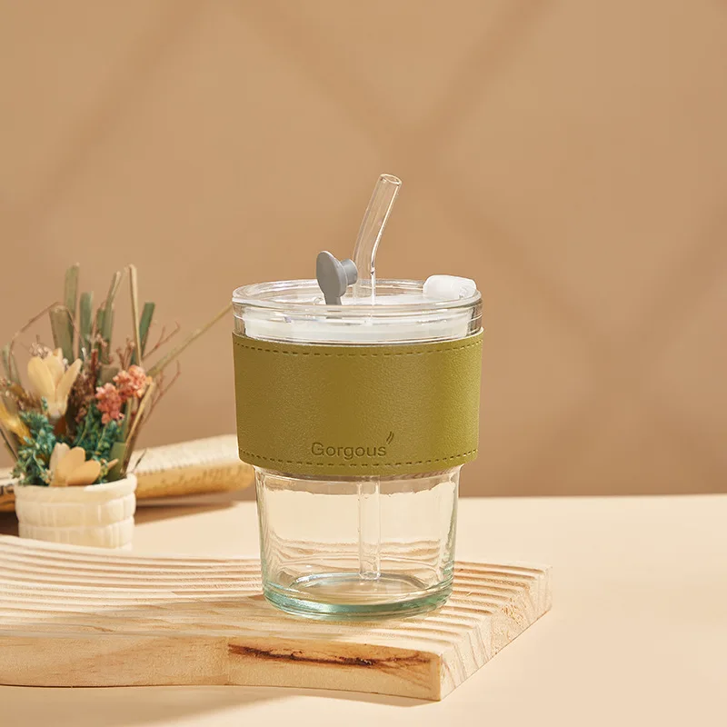 Custom Insulated Tumbler Glass Mug with Straw & Lid, Thicken Walls & Protective Sleeve, Ideal for Iced Drinks
