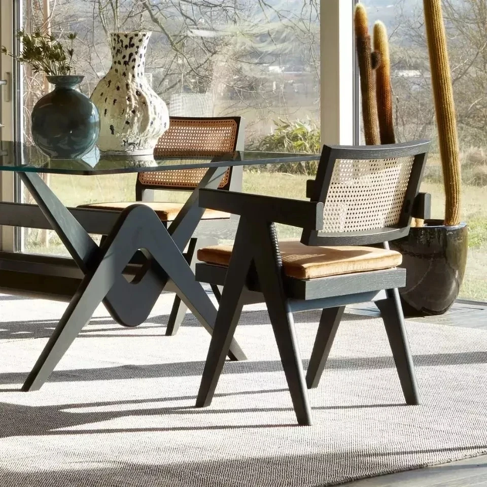 Mrs Woods Modern Nordic Style Black Oak Wooden Dining Room Chair With Rattan Back And Base