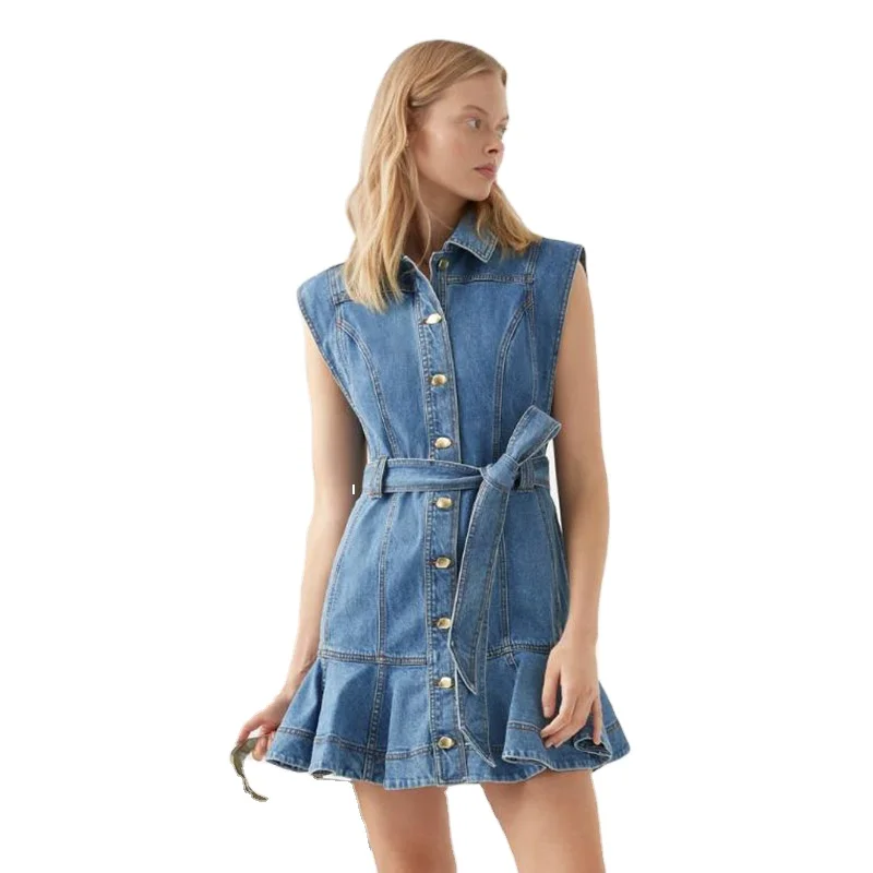 Classic Collar Button Front Fit and Flare Sleeveless Straight Fit Denim Mini Dress for Women