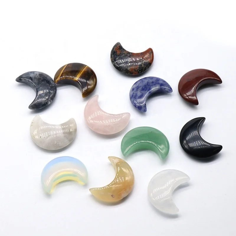 30mm powder crystal green aventurine tiger eye stone moon ornaments natural  crystal agate jade carving moon handle bare stone