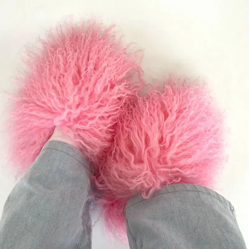 2024 Custom Logo Pantuflas De Peluches Slip On Zapatillas Fluffy Plush Fuzzy sheep fur slides Mongolian fur  slippers