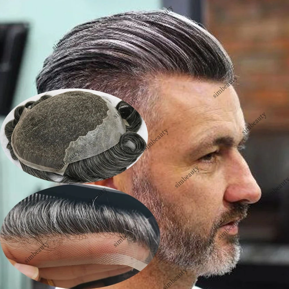 Q6 Breathable Swiss Lace Front PU Hairpiece 100% Human Hair Grey Toupee For Men Natural Hairline Bleach Knot Hair Prosthesis