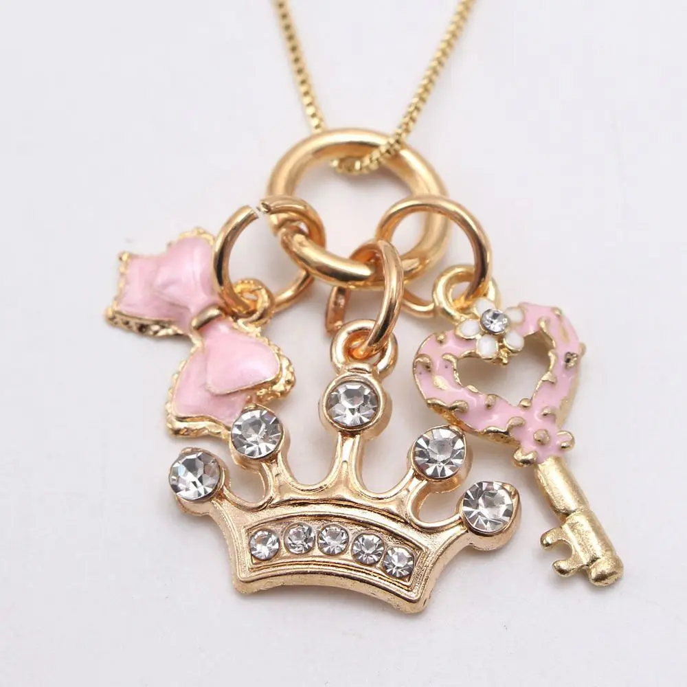 Enamel Box Chain Children Necklace Gold Crown With Rhinestone Pink Key Rosette Bow Pendant Chain Necklace