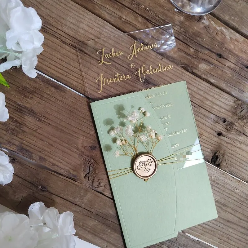 5*7Inches Gold Foil Acrylic Wedding Invitation Card with Sage Invitation Cover and Personalized Wax Seal Flower Decoration