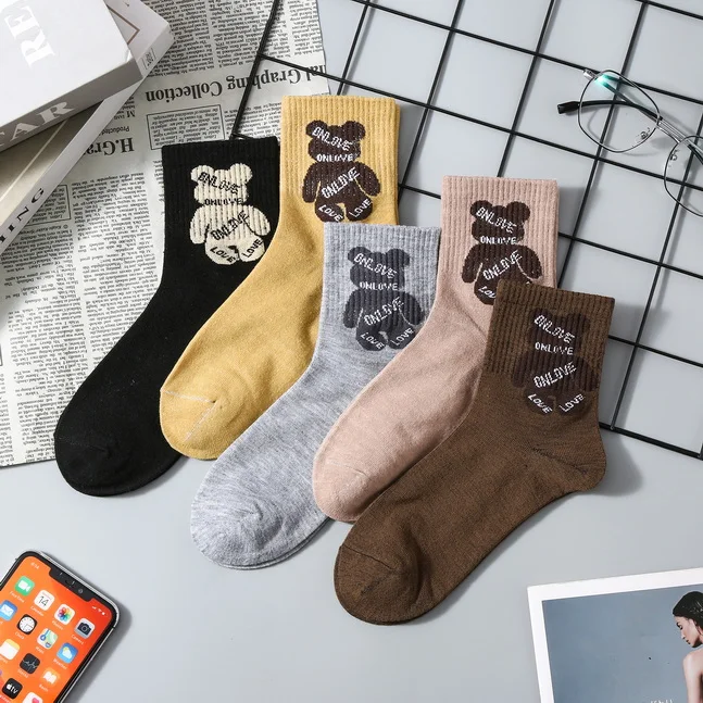 South Korea imported socks stick figure cute bear female cotton socks design sense color matching stockings