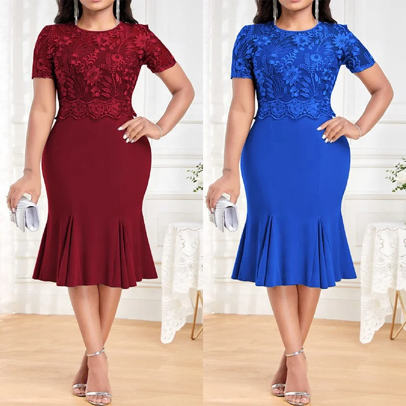 Plus Size Mother of The Bride Cocktail Dresses Cloak Sleeve Crochet Lace Fishtail Gown Wedding Guest Outfits Formal Dress