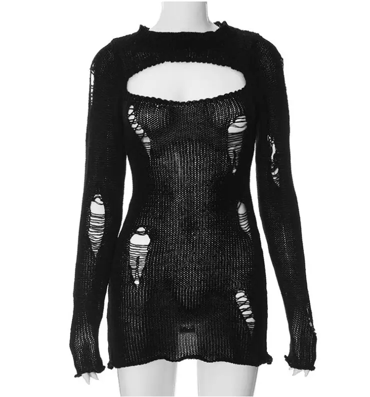 Hot Sales STOCK 2Colors Crochet Sexy Casual Nightclub Party Women Hollow Out Long Sleeve Knit Short Dresses
