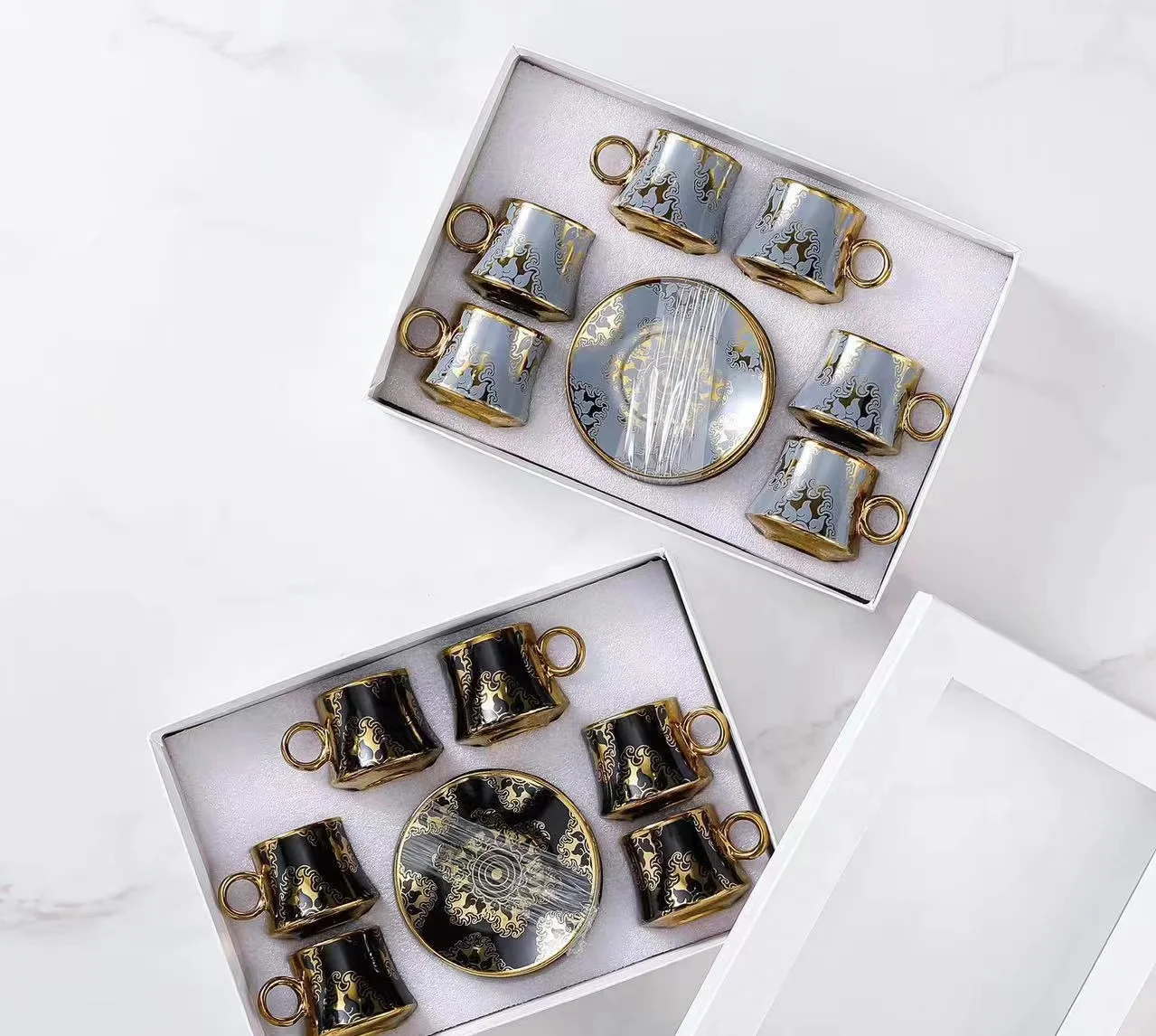 Custom Middle East Turkey Arabic Vintage Gold Plated Porcelain Ceramic Coffee Tea Cup And Saucers Set Of 12