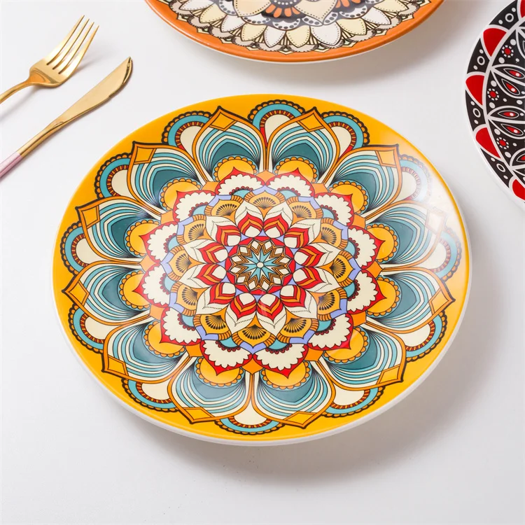 Popular Gift Items Customized Printing Morocco Bohemia Design Decorative Round Ceramic Large Plate Porcelain