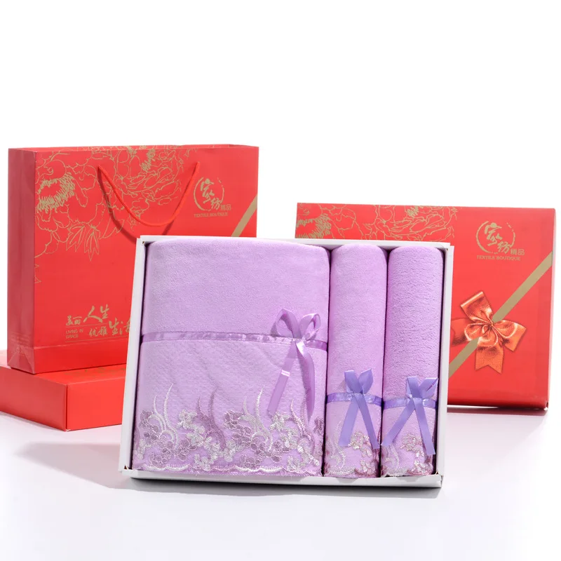 Lace edge towel set 3 pieces multi colors  face towel bath towels custom size Microfiber Bath Linens with gift box