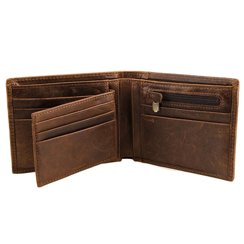 Crazy Horse Cow Leather Wallet Manufacturer Zipper Travel Leather Coin Purse for Men