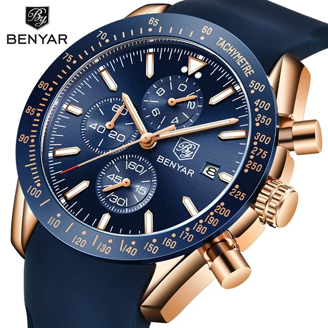 Роскошные Кварцевые часы Benyar 5140 с силиконовым хронографом мужские