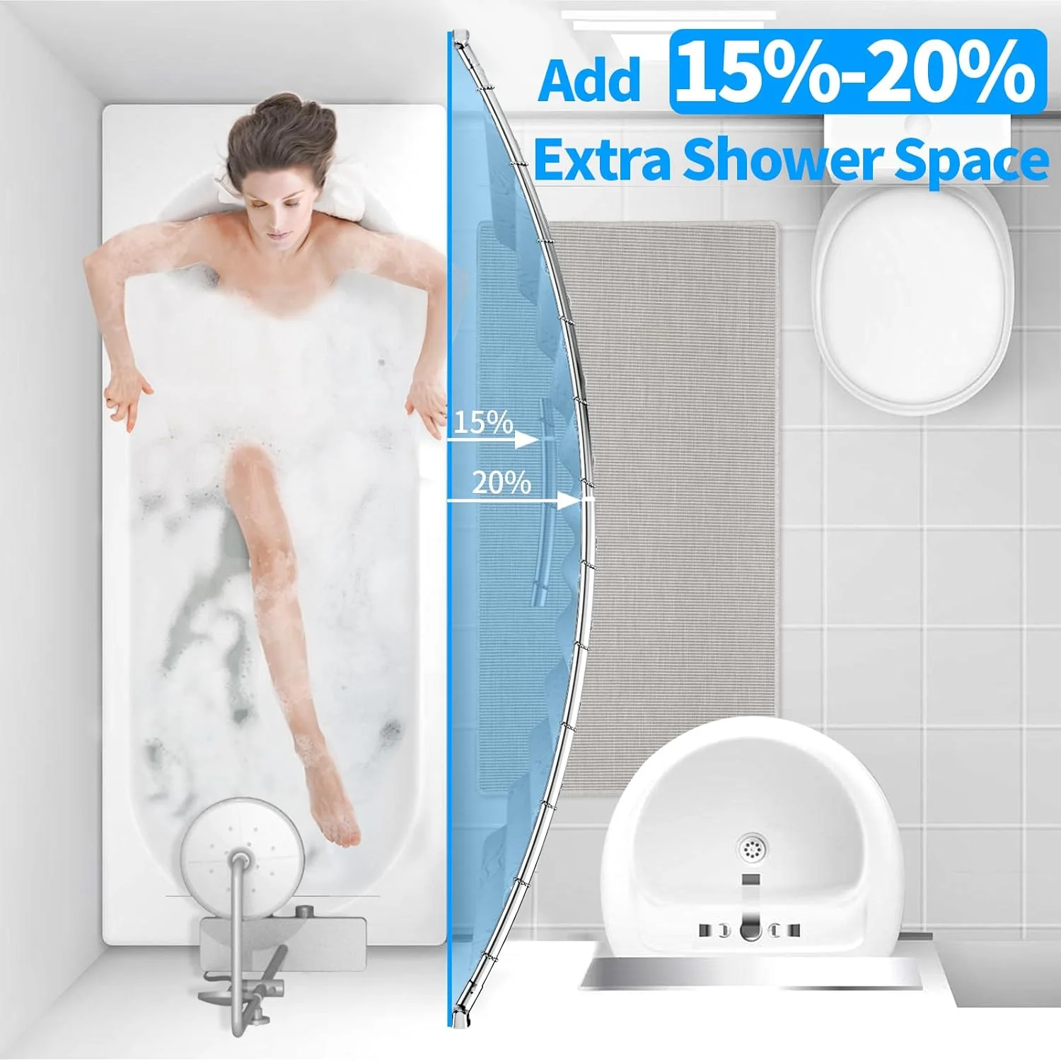 CF BSR99 Curved Stainless Steel Shower Curtain Rod 43-72 Inches Adjustable multifunction Shower Curtain Rod Tension Anti-Slip