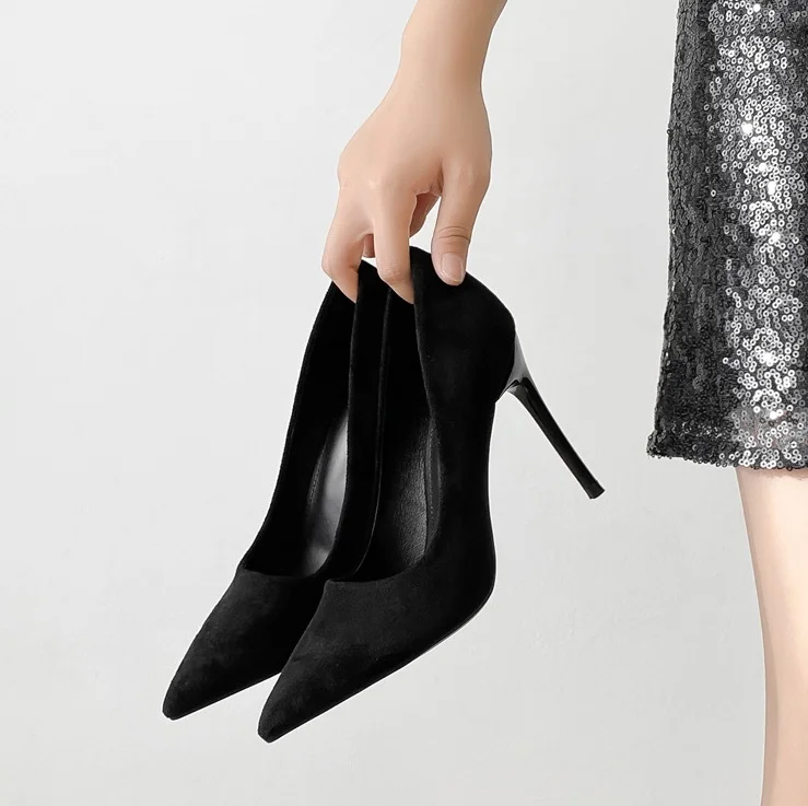 Women Black High Heeled Pointed Toe Shoes Office Lady Elegant Slip-on Thin Heel PU Leather Velvet Business Base Simple Shoes