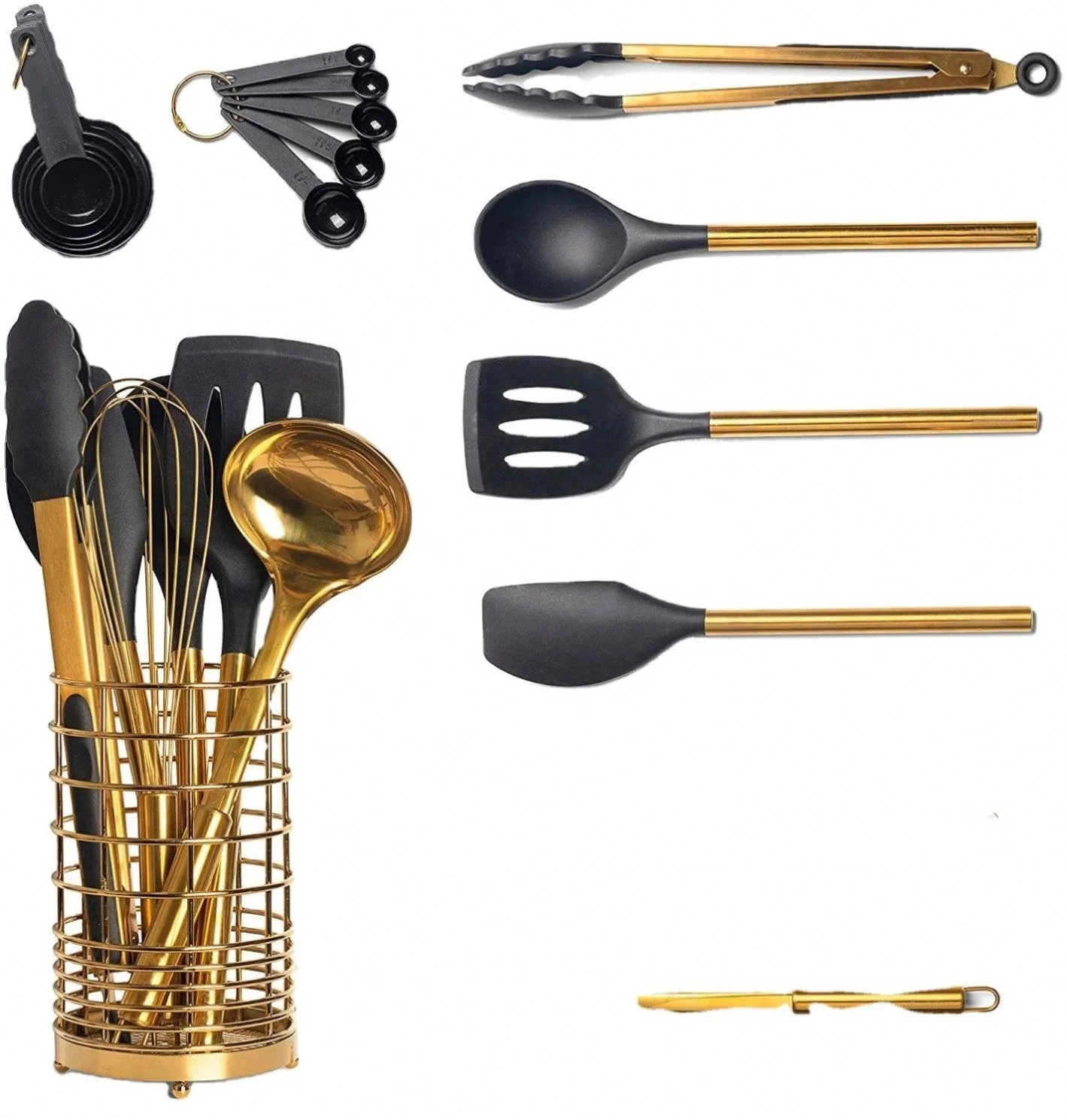 Hot Selling High Quality Silicone Kitchen Maid Copper Serving Utensils Set With Gold SS Handle Head