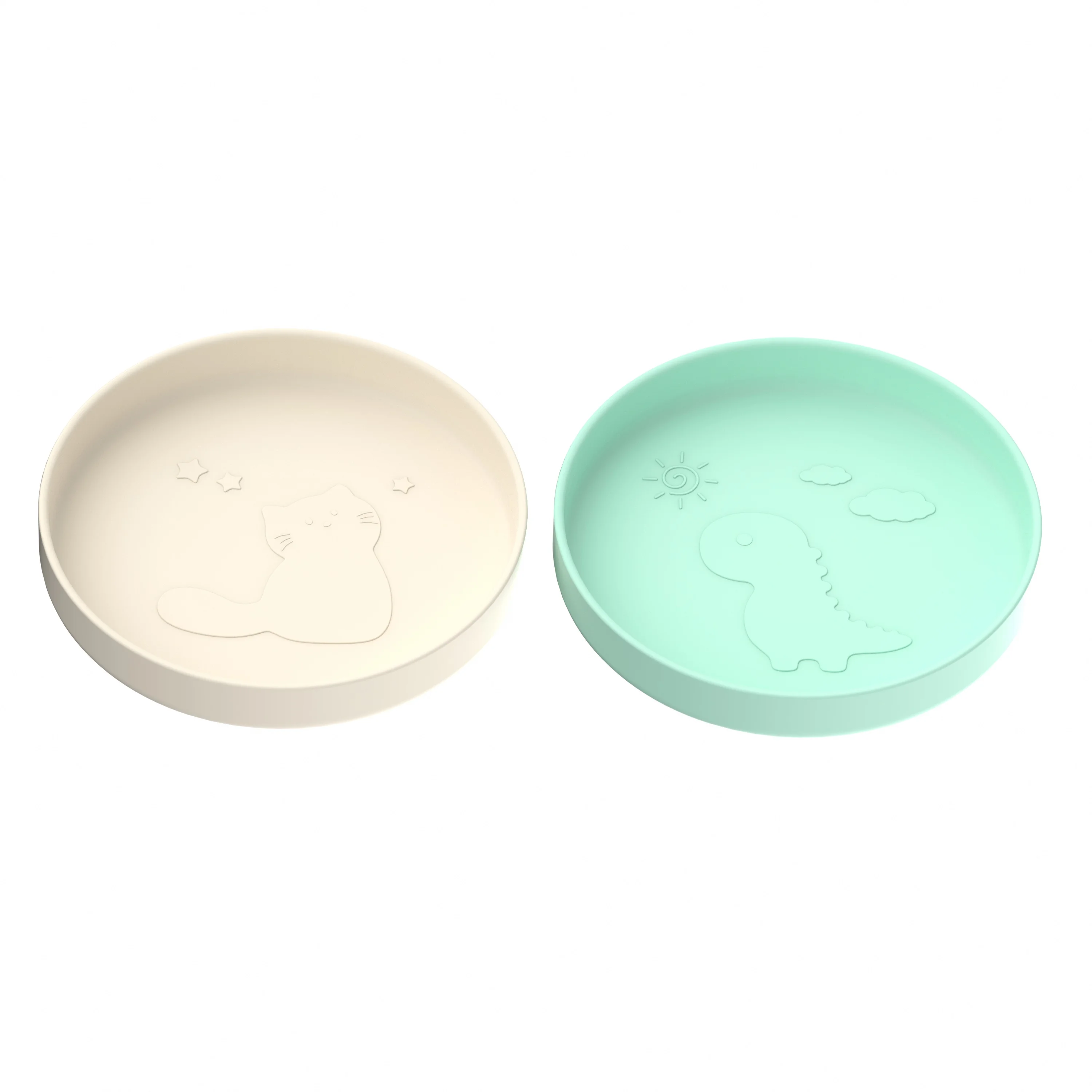 2024 baby products ideas beige aquamarine green colored lovely cartoon silicone silicon baby cat dinosaur plate new arrival