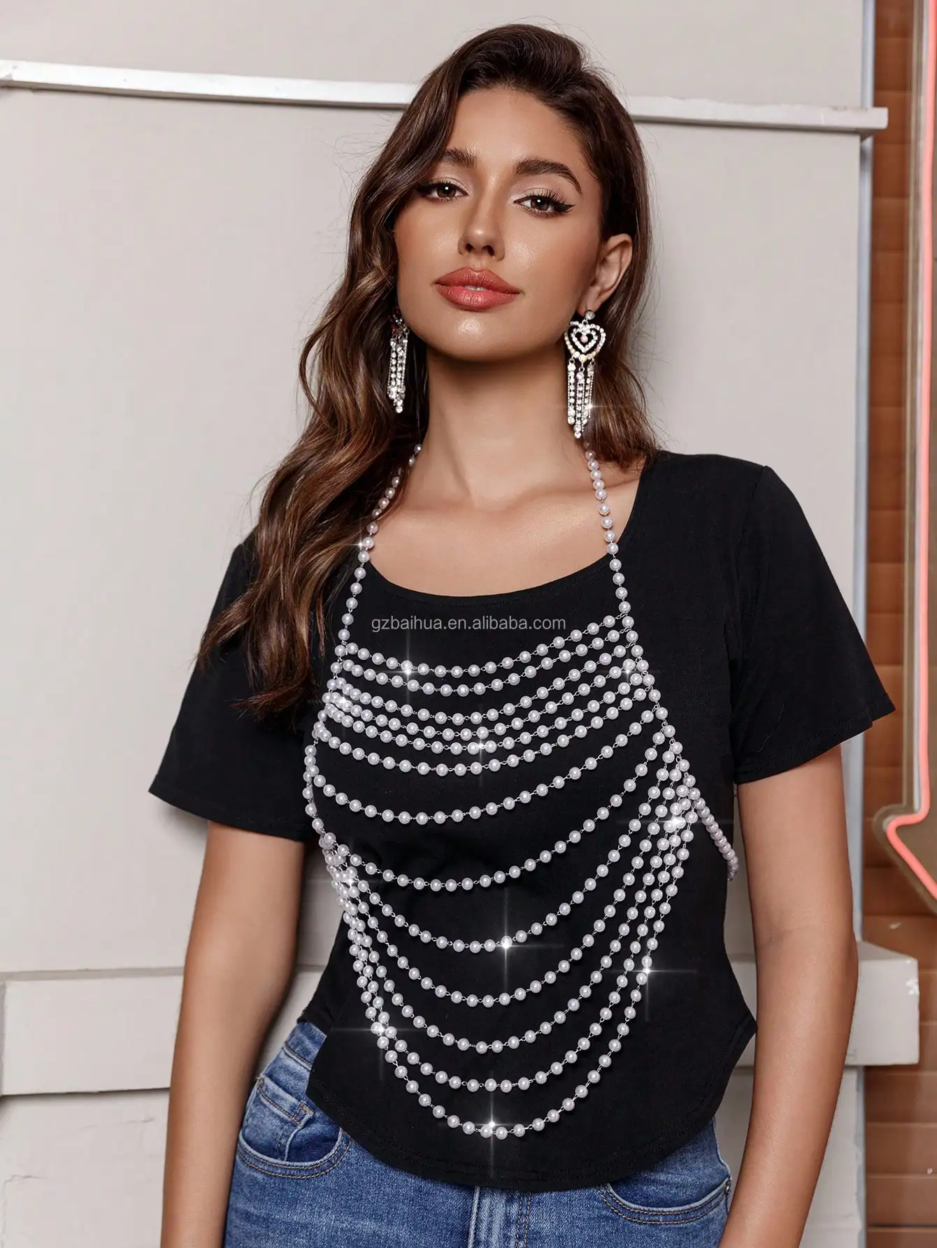 Fashion jewelry beaded sexy necklace body chain handmade multilayers chain pearl body chain