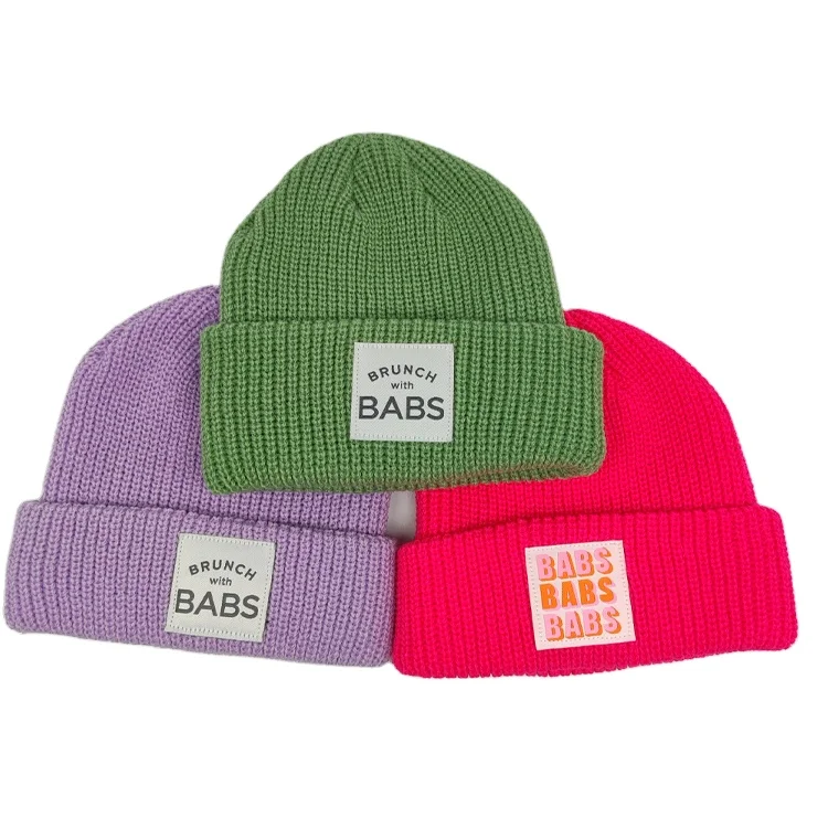 Custom Your Own Logo Winter Watch Caps Knit Beanies With Leather Patch