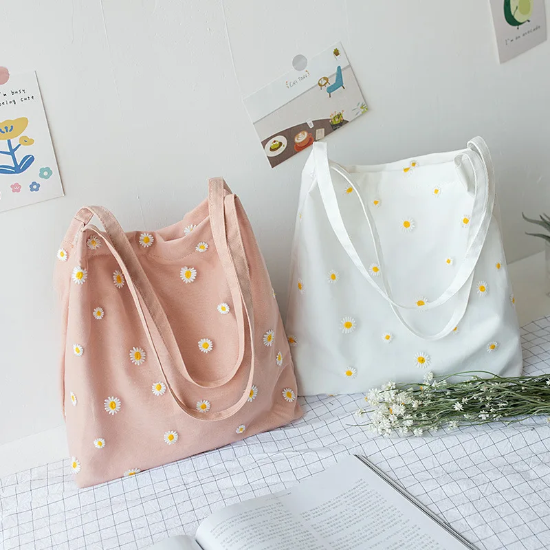 Factory Fashionable Medium Size Reusable Custom Embroidery Shopping Cotton Canvas Daisy Tote Bag With Print Logo