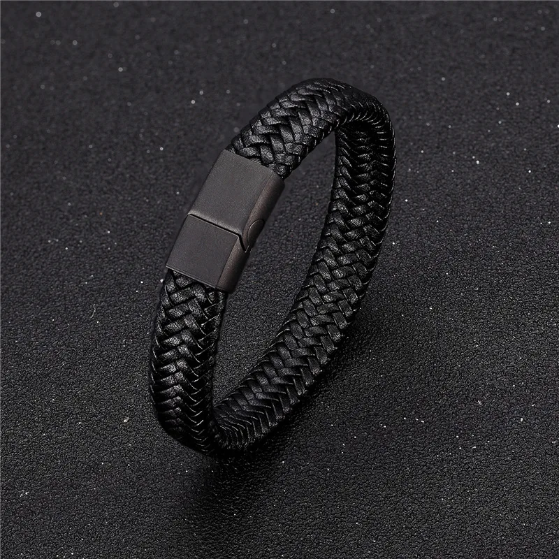 Classic Black Leather Bracelet for Men Hand Jewelry Gift Handsome Business Bracelet Metal Magnetic Clasp Bracelet