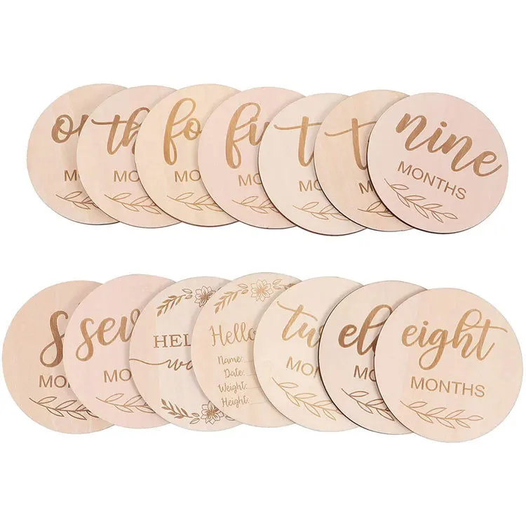 14pcs Set Leaf Style Baby Birth and Monthly Announcement Milestone Marker Discs Round Wooden Plaque