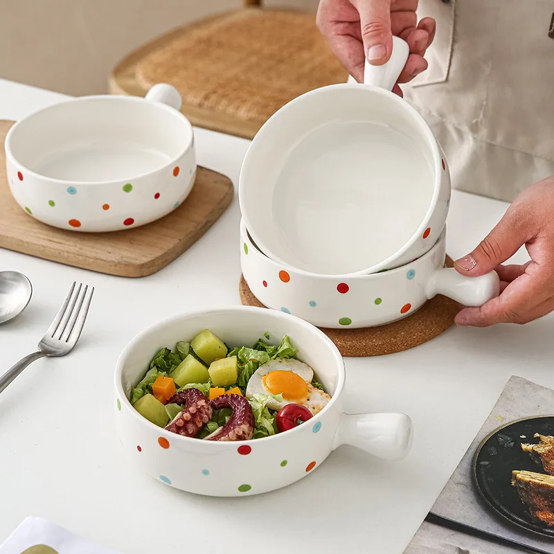 NEWELL Creative Polka Dot Underglaze Handle Bowl Instant Noodles Ceramic Bowl Household Cheese Baked Rice Round Bowl