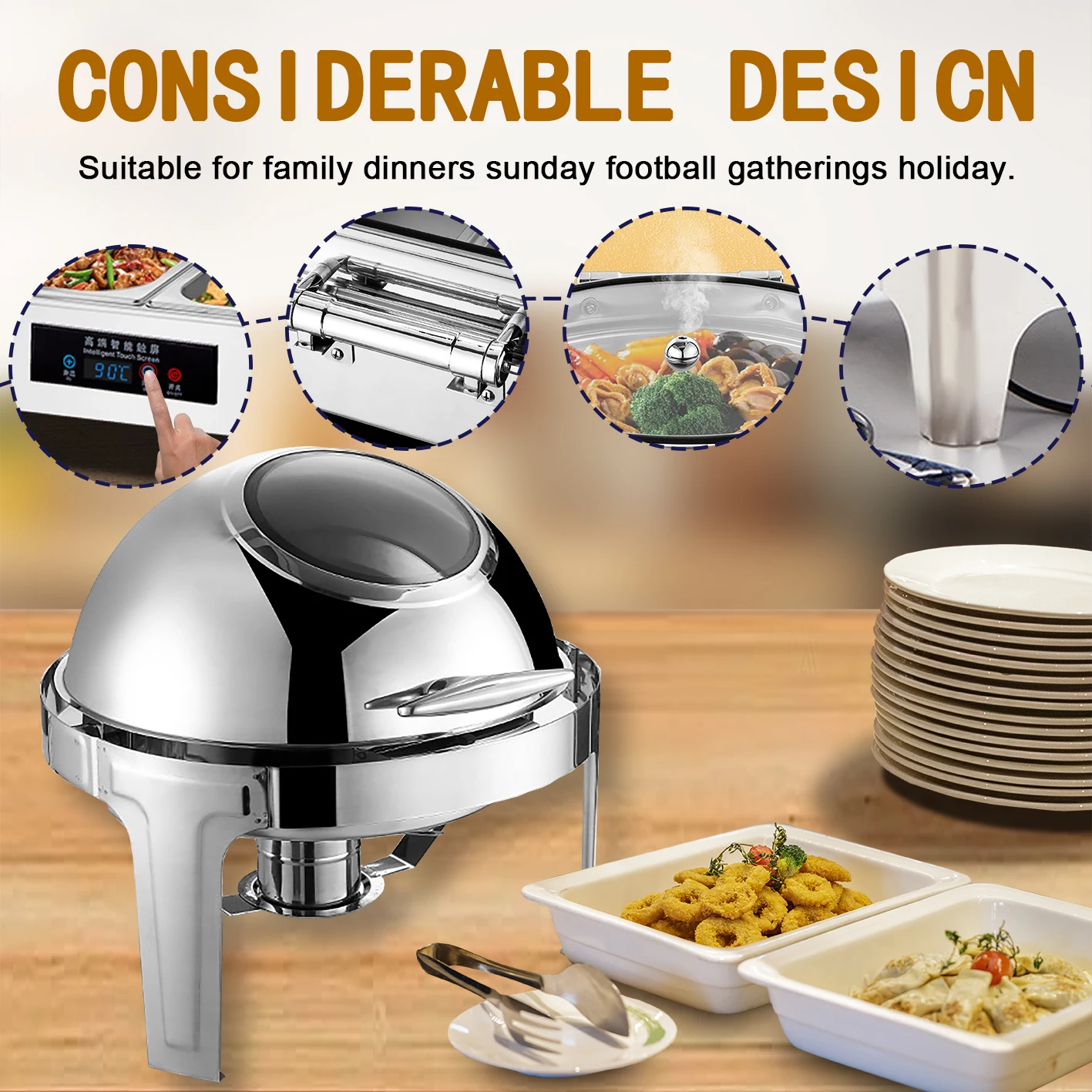 YITIAN Hot Sale Golden Round Chafing Dish Stainless Steel  Buffet Set Restaurant Equipment  For Hotel Catering