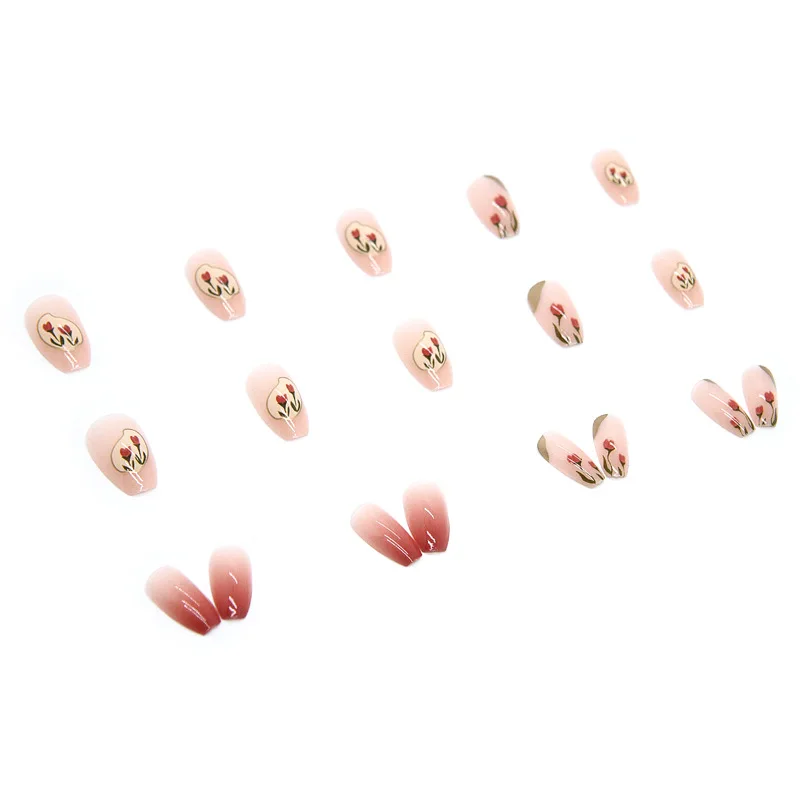 Wholesale Custom Gradient Vintage Tulip press on nails vendor with 3D false nail design and glue nail tip