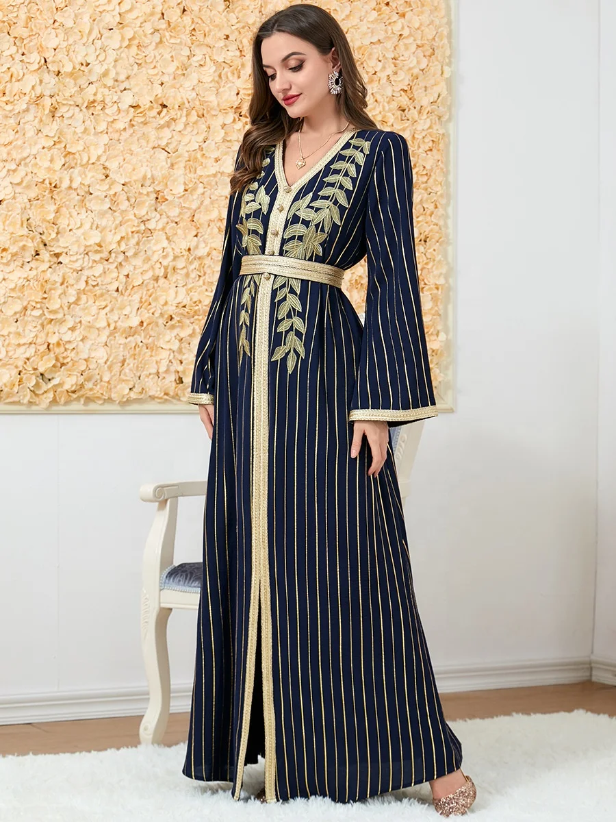 2023 Fashion Elegant Leaf Embroidered Muslim Dubai Abaya for Women Black Turkish Dubai Kaftan Party Evening Belted Arabic Dress