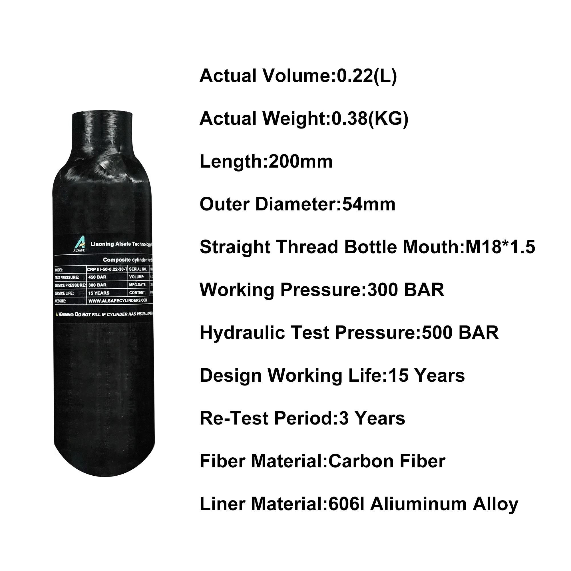 GP High Strength 0.22L MIni High Pressure 300bar 30mpa 4500psi Gas Cylinder PCP Fully Wrapped Composite Carbon Fiber Air Tank