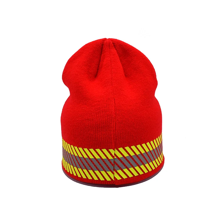 Wholesale Custom Reflective Striped Thinsulate Lined High Visibility Fluorescent Safety Knit Red Beanie Hat Cap