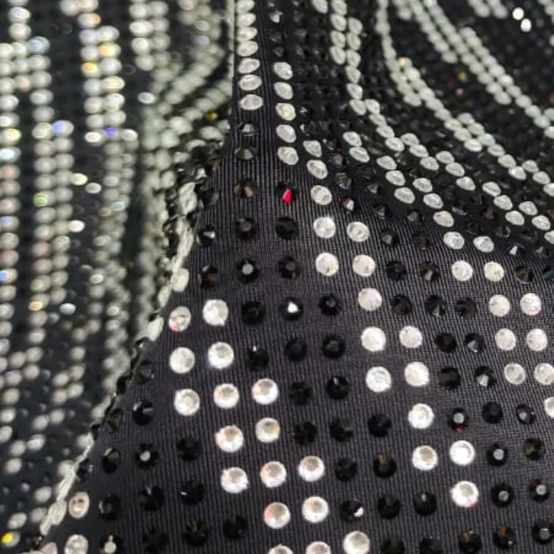 High Quality 2mm Space Rhinestones Shiny Black and White Crystals Glued to Spandex Fabric for Clothing
