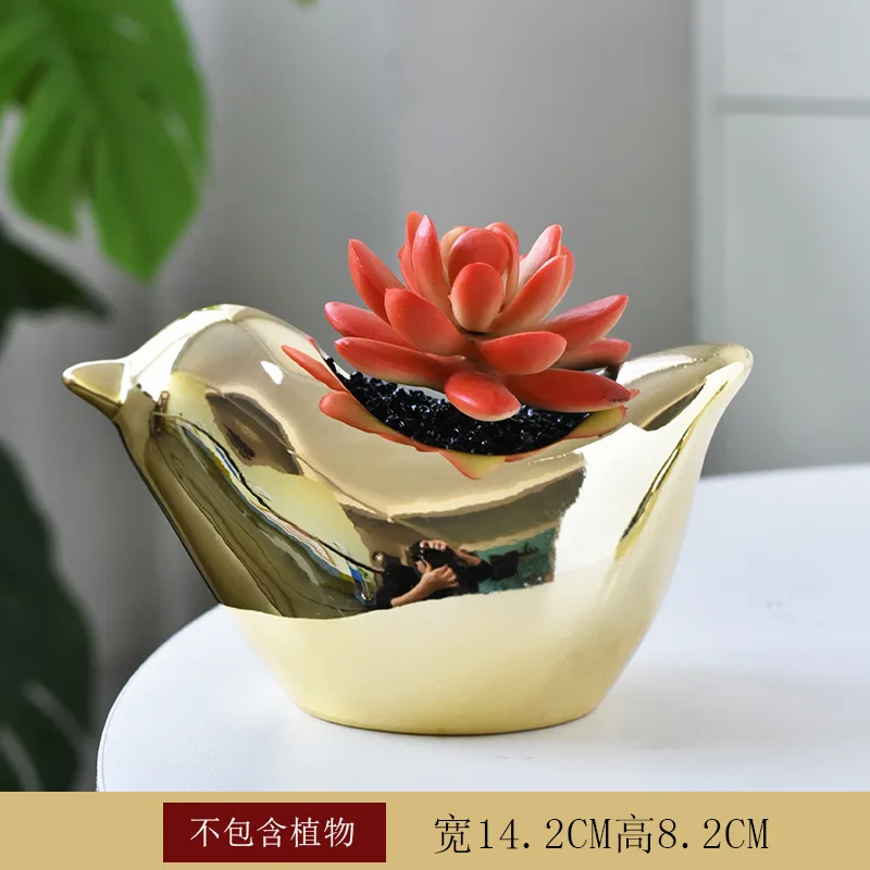 Amazon Hot sale electroplated gold ceramic cute cartoon animal bird fleshy home gardening office desk decoration pot