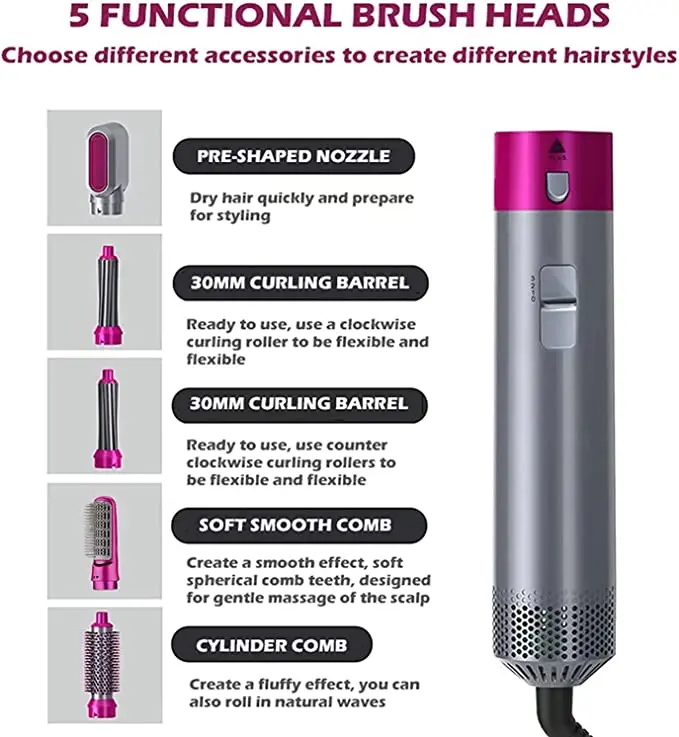 5 In 1 Hot Air Comb Brush Detachable Dry and Wet Hair Straightener Automatic Hair Suction Curler Styler Hair Dryer