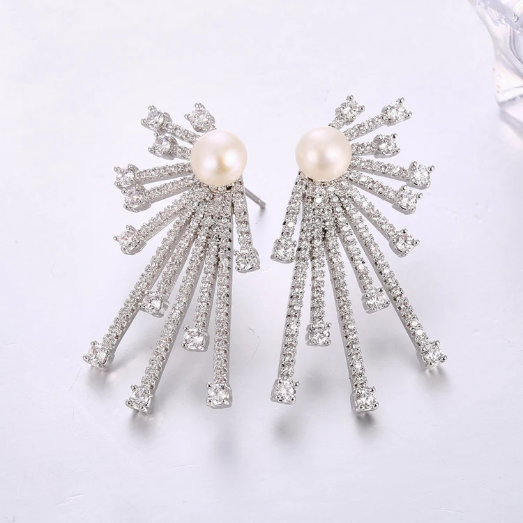 bridal earrings cz pearl studs sparking cz line bling luxury women earring
