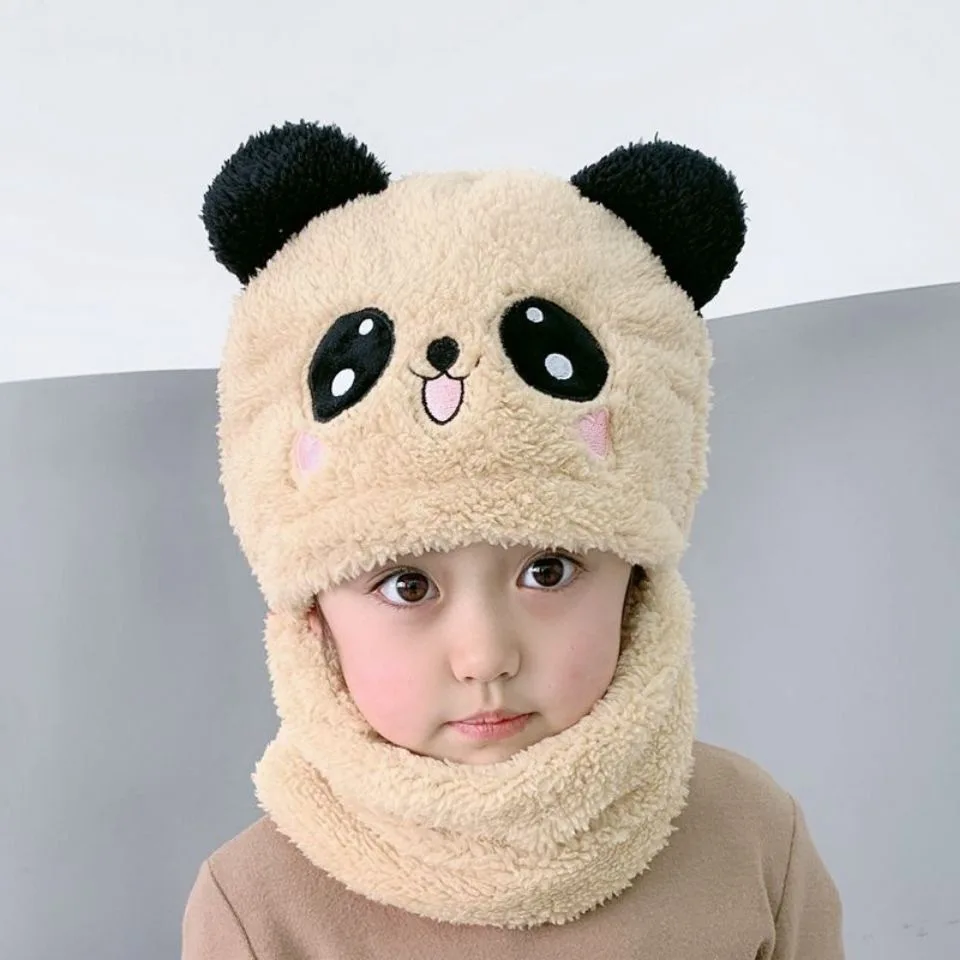 Panda Bib And Hat One-piece Thickened Warmth Cover Face And Ear Protection Knitting Wool Kids Cheap Baby Winter Hats
