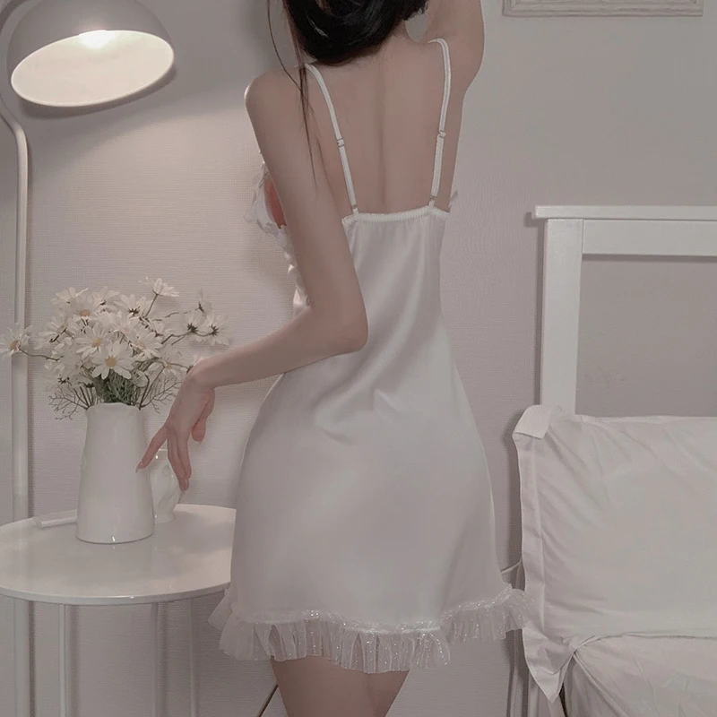 sexy pajamas girls sleepwear contrast embroidery lace satin nightdress GR1380