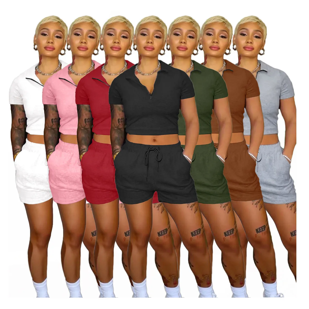 Индивидуальная фирменная марка, короткий топ на молнии с воротником, горячие шорты, хлопковый комплект из двух предметов, летний женский спортивный костюм для фитнеса