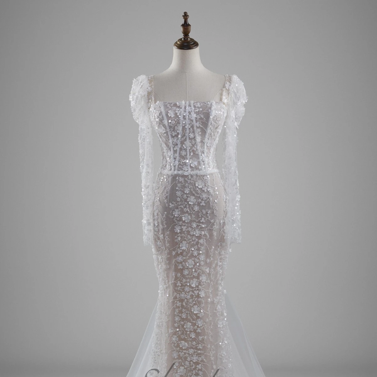 New Collection Modest White Ivory Square Collar Wedding Dress For Women Long Sleeve Handmade Flowers Mermaid Wedding Gowns