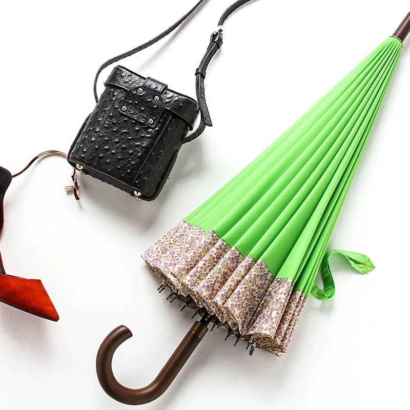 24K large green long gift umbrella manual open wooden hook handle straight umbrella with custom logo