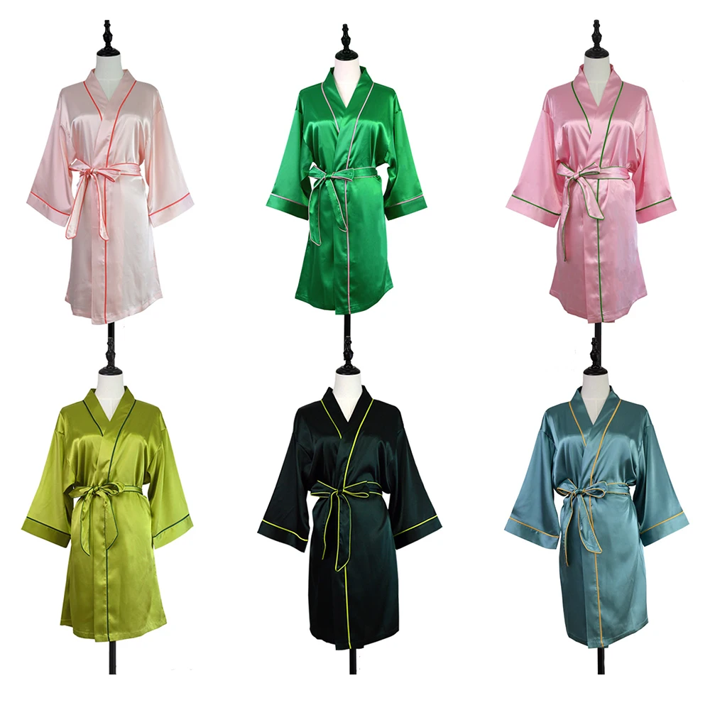 Hot Sale Wholesale RTS 20 Colors Kimono Robes with Piping Luxury Silk Satin Bridal Robe Women Bridesmaid Sleeping Dress