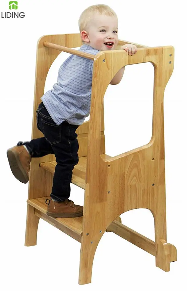 Adjustable Height Bamboo Kids Kitchen Step Stool Toddler Learning Tower with Safety Rail