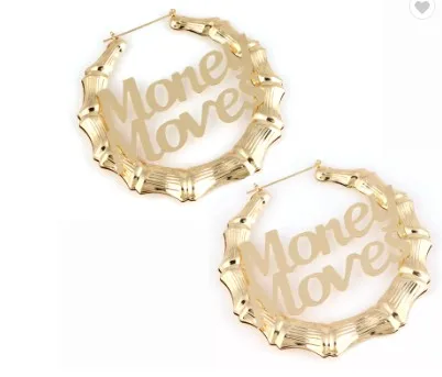 Hot Selling Personalized Letter Melanin 18k Gold Plated 9CM Huggie Bamboo Name Hoop Earrings Custom huge Bamboo Earrings