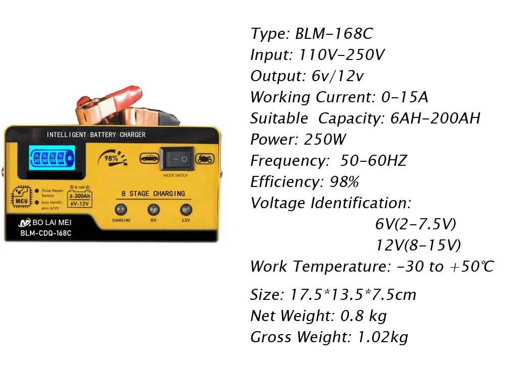 Portable Automatic Intelligent Charging Mode 6V/12V 15a Car Battery